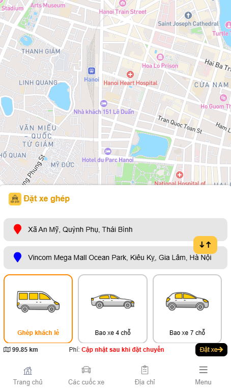 Bước 1 đặt xe trên GOILADI - nhập điểm đón và điểm đến