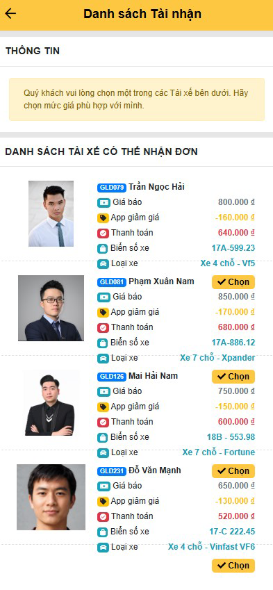 Bước 2 đặt xe trên GOILADI - chọn loại chuyến và xem báo giá